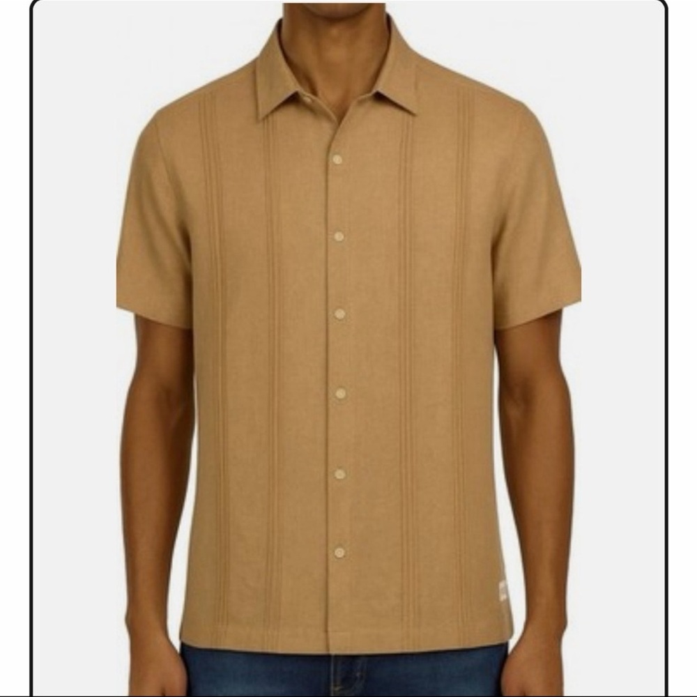 Scotch & Soda Men's Linen Blend Short Sleeve Woven Shirt, Tan, Size XL